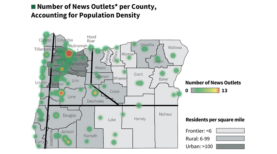 Map of Oregon showing News Outlets 