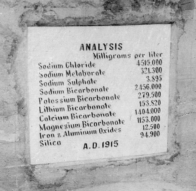 Lithia Water Analysis. This is a close-up of the plaque in the photo below. circa 1915