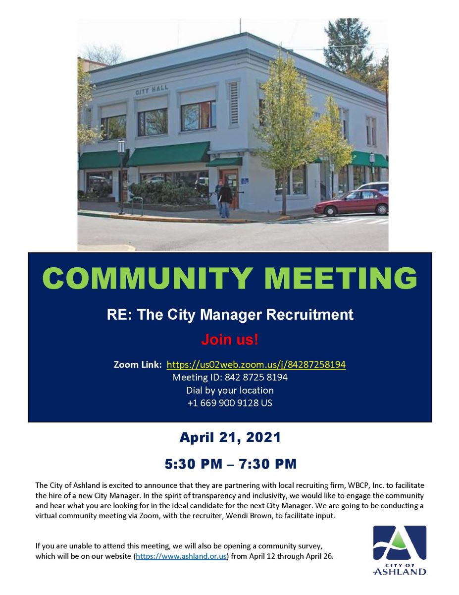 Picture of Ashland City Hall and Community Meeting Announcement. Text above is also listed in the picture. 